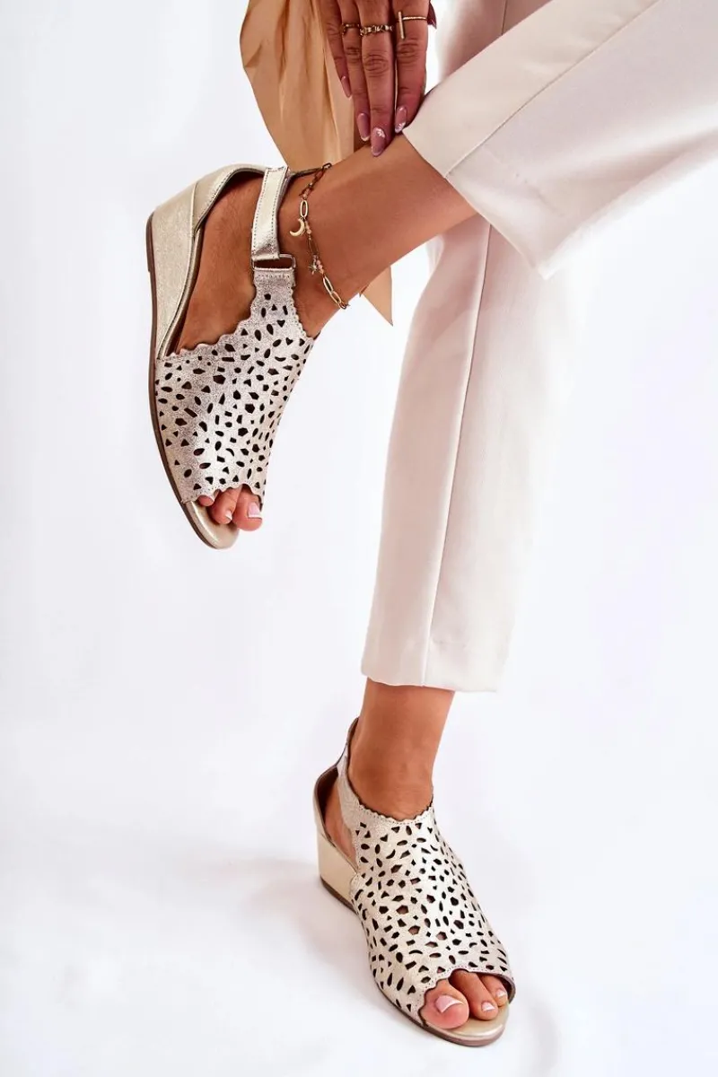 Sandały Ażurowe|Sandały Na Koturnie>Boto Skórzane Ażurowe Sandały Na Koturnie Złote Sellena