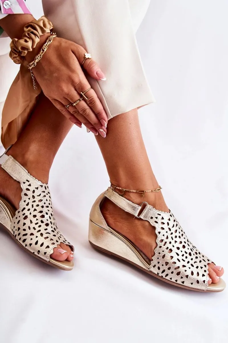 Sandały Ażurowe|Sandały Na Koturnie>Boto Skórzane Ażurowe Sandały Na Koturnie Złote Sellena