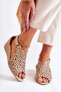 Online Skórzane Ażurowe Sandały Na Koturnie Beżowe Sellena Damskie Sandały Ażurowe|Sandały Na Koturnie