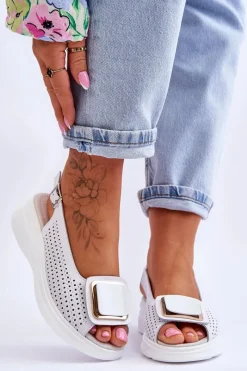 Sale Skórzane Ażurowe Sandały S.Barski BN291 Białe Damskie Sandały Ażurowe|Sandały Na Obcasie