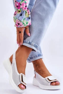 Sale Skórzane Ażurowe Sandały S.Barski BN291 Białe Damskie Sandały Ażurowe|Sandały Na Obcasie