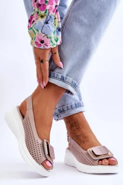 Online Damskie buty S.Barski Skórzane Ażurowe Sandały S.Barski BN291 Różowe