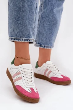 Online Zazoo Skórzane Ażurowe Sneakersy Damskie N1318 Biało-Różowe