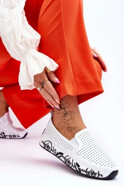 Clearance Damskie buty S.Barski Skórzane Ażurowe Wsuwane Tenisówki Slip-On Białe Gedra