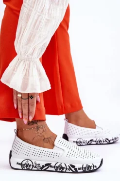 Clearance Damskie buty S.Barski Skórzane Ażurowe Wsuwane Tenisówki Slip-On Białe Gedra