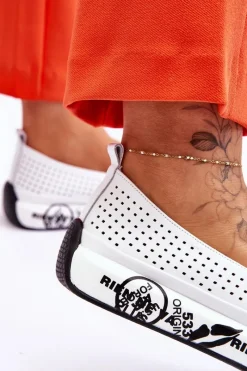 Clearance Damskie buty S.Barski Skórzane Ażurowe Wsuwane Tenisówki Slip-On Białe Gedra