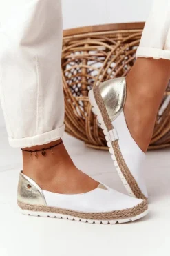 Discount Skórzane Baleriny 05056-11 Biało-Złote Damskie Baleriny Skórzane|Baleriny Klasyczne