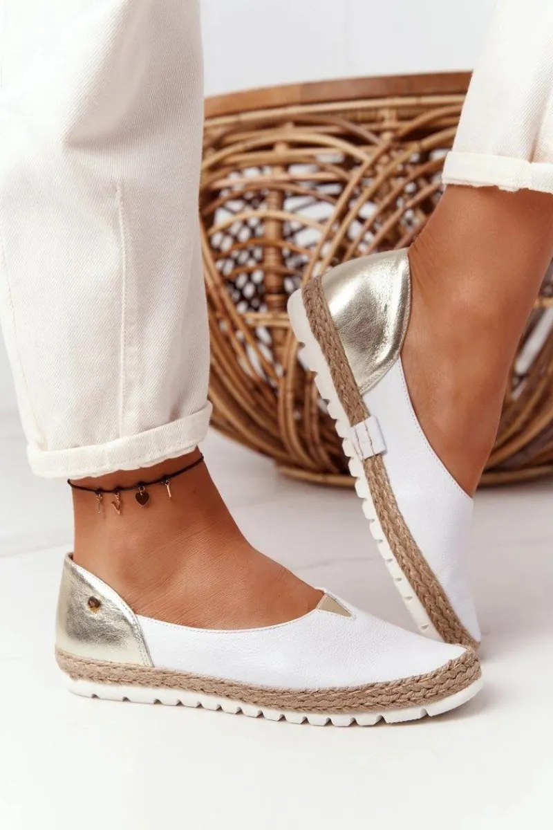 Discount Skórzane Baleriny 05056-11 Biało-Złote Damskie Baleriny Skórzane|Baleriny Klasyczne