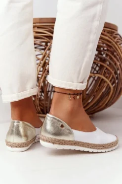 Discount Skórzane Baleriny 05056-11 Biało-Złote Damskie Baleriny Skórzane|Baleriny Klasyczne