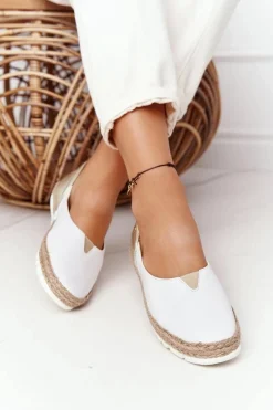 Discount Skórzane Baleriny 05056-11 Biało-Złote Damskie Baleriny Skórzane|Baleriny Klasyczne