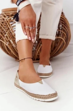 Discount Skórzane Baleriny 05056-11 Biało-Złote Damskie Baleriny Skórzane|Baleriny Klasyczne