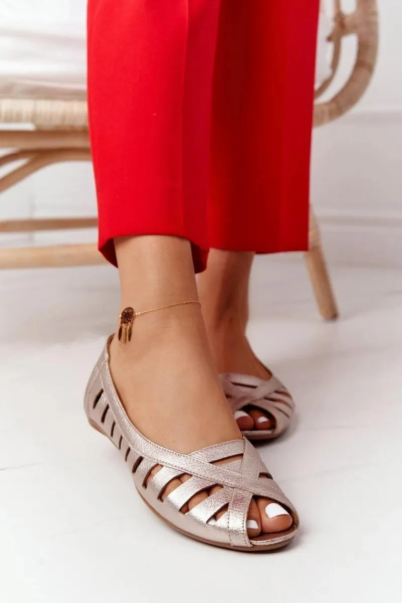 Discount Skórzane Baleriny Złote 04506-25 Damskie Baleriny Skórzane|Baleriny Klasyczne