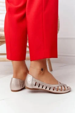 Discount Skórzane Baleriny Złote 04506-25 Damskie Baleriny Skórzane|Baleriny Klasyczne