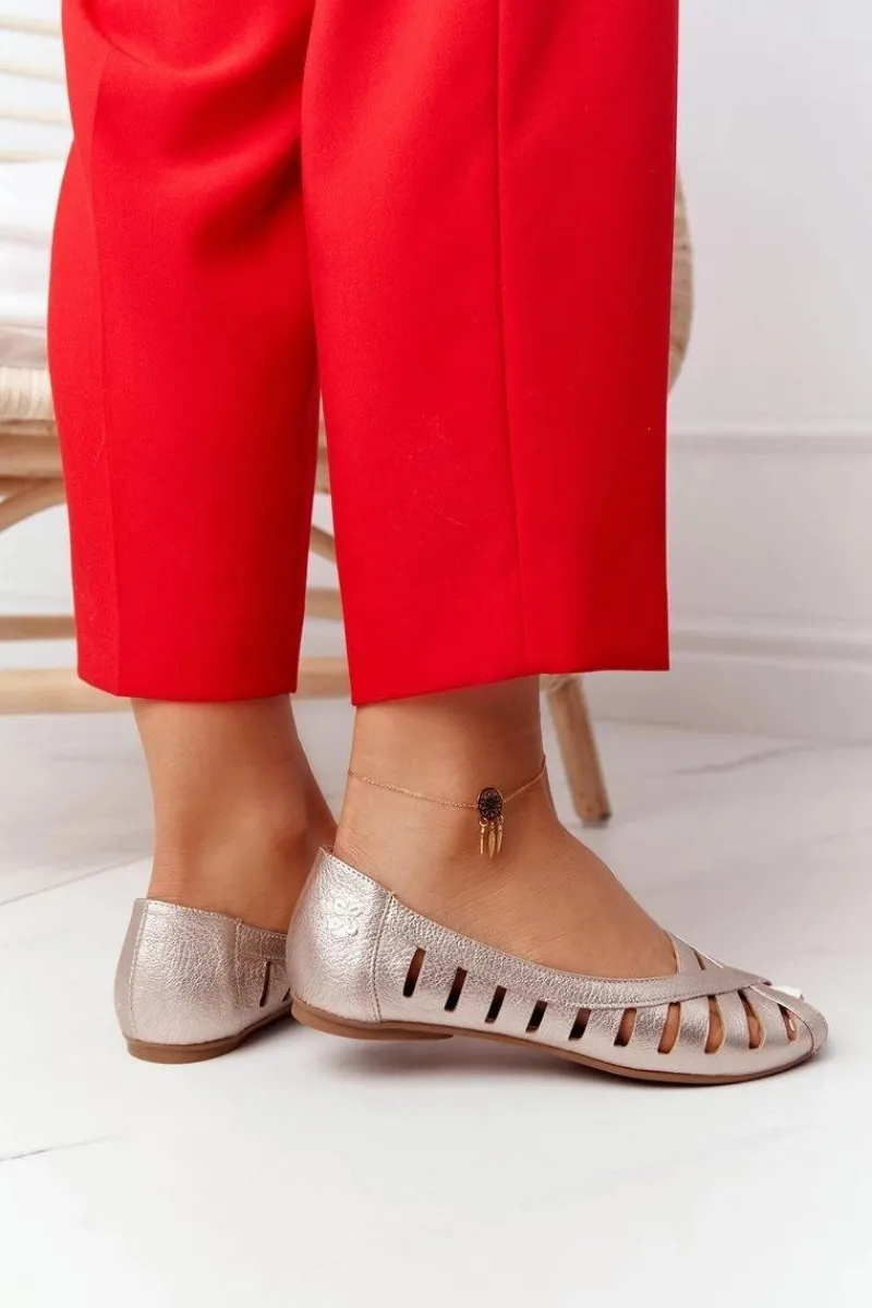 Discount Skórzane Baleriny Złote 04506-25 Damskie Baleriny Skórzane|Baleriny Klasyczne