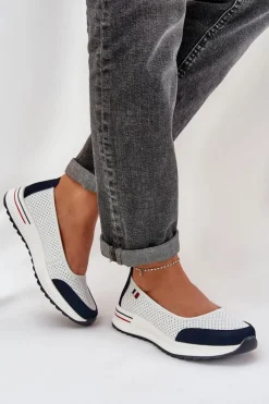 Baleriny Skórzane|Baleriny Klasyczne>Evento Skórzane Baleriny Na Koturnie Biało-Granatowe Nelviera