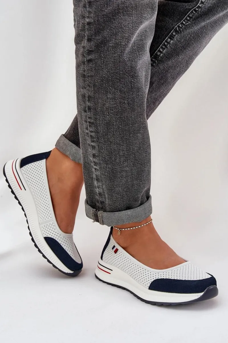 Baleriny Skórzane|Baleriny Klasyczne>Evento Skórzane Baleriny Na Koturnie Biało-Granatowe Nelviera