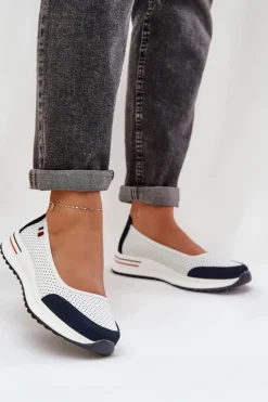 Baleriny Skórzane|Baleriny Klasyczne>Evento Skórzane Baleriny Na Koturnie Biało-Granatowe Nelviera