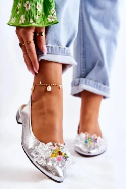 New Skórzane Baleriny Na Obcasie Z Ozdobą Srebrne Elenie Damskie Baleriny Skórzane|Baleriny Klasyczne