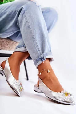 New Skórzane Baleriny Na Obcasie Z Ozdobą Srebrne Elenie Damskie Baleriny Skórzane|Baleriny Klasyczne