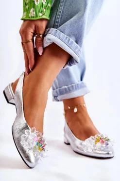 New Skórzane Baleriny Na Obcasie Z Ozdobą Srebrne Elenie Damskie Baleriny Skórzane|Baleriny Klasyczne