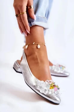 New Skórzane Baleriny Na Obcasie Z Ozdobą Srebrne Elenie Damskie Baleriny Skórzane|Baleriny Klasyczne