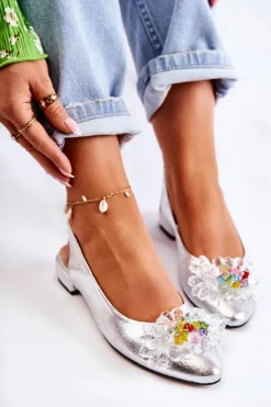 New Skórzane Baleriny Na Obcasie Z Ozdobą Srebrne Elenie Damskie Baleriny Skórzane|Baleriny Klasyczne