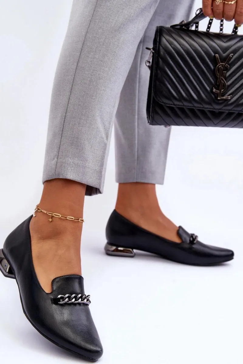 Discount Boto Skórzane Baleriny Na Płaskim Obcasie Z Łańcuchem Czarne Lanez