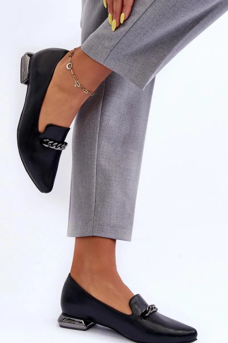 Discount Boto Skórzane Baleriny Na Płaskim Obcasie Z Łańcuchem Czarne Lanez