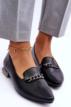 Discount Boto Skórzane Baleriny Na Płaskim Obcasie Z Łańcuchem Czarne Lanez