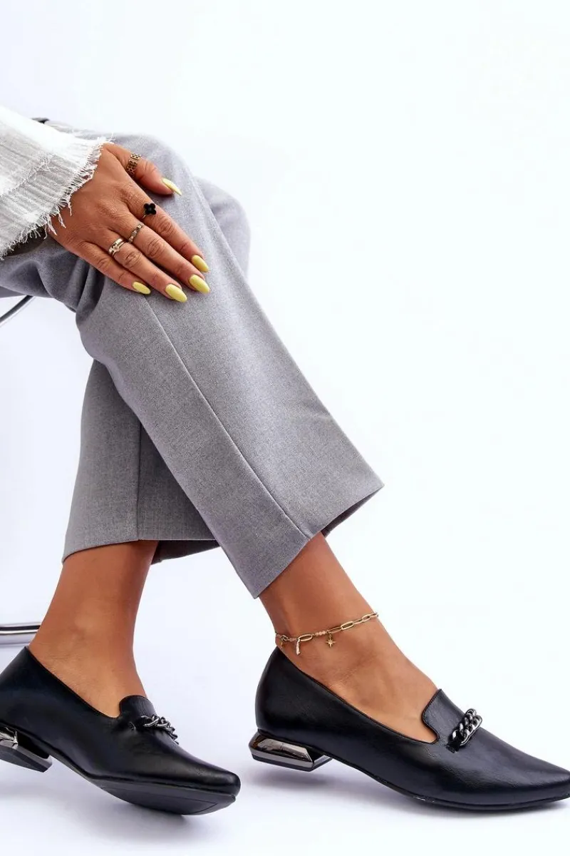 Discount Boto Skórzane Baleriny Na Płaskim Obcasie Z Łańcuchem Czarne Lanez