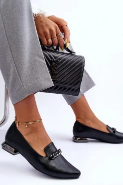 Discount Boto Skórzane Baleriny Na Płaskim Obcasie Z Łańcuchem Czarne Lanez