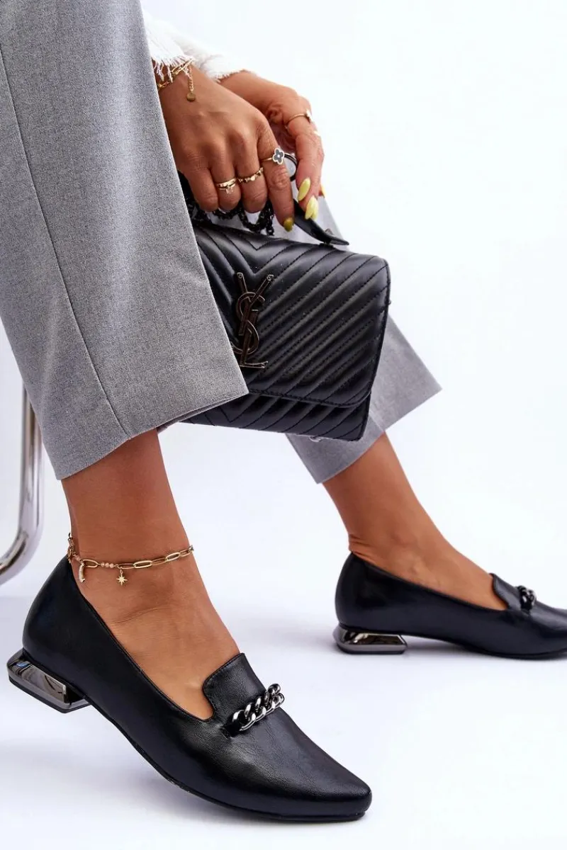 Discount Boto Skórzane Baleriny Na Płaskim Obcasie Z Łańcuchem Czarne Lanez