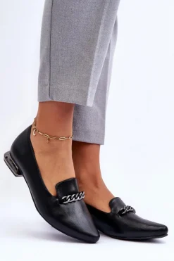 Discount Boto Skórzane Baleriny Na Płaskim Obcasie Z Łańcuchem Czarne Lanez