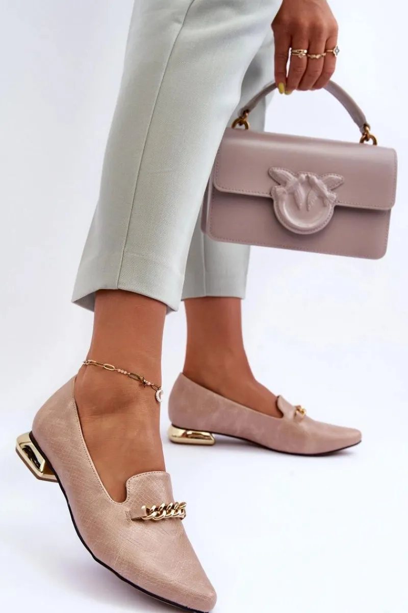 Baleriny Klasyczne>Boto Skórzane Baleriny Na Płaskim Obcasie Z Łańcuchem Beżowe Lanez