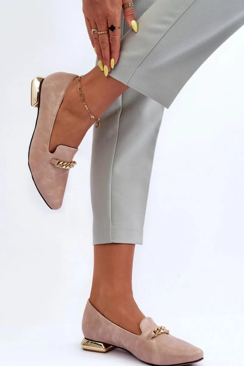 Baleriny Klasyczne>Boto Skórzane Baleriny Na Płaskim Obcasie Z Łańcuchem Beżowe Lanez