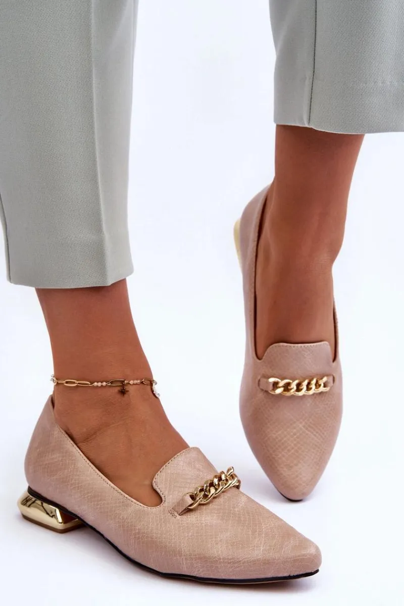 Baleriny Klasyczne>Boto Skórzane Baleriny Na Płaskim Obcasie Z Łańcuchem Beżowe Lanez