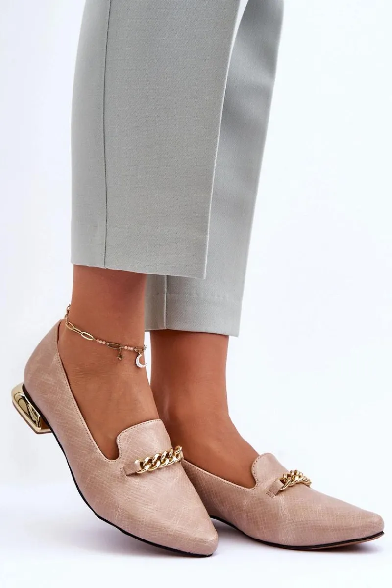 Baleriny Klasyczne>Boto Skórzane Baleriny Na Płaskim Obcasie Z Łańcuchem Beżowe Lanez