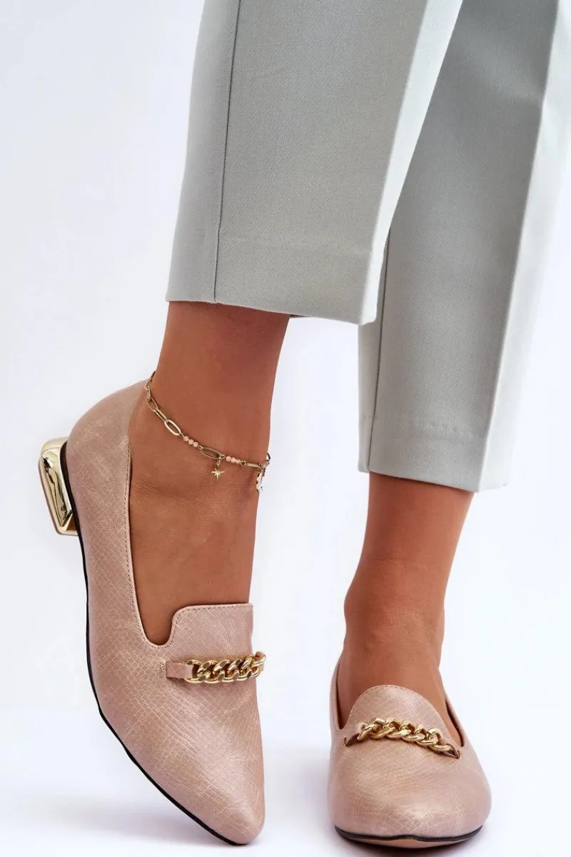 Baleriny Klasyczne>Boto Skórzane Baleriny Na Płaskim Obcasie Z Łańcuchem Beżowe Lanez