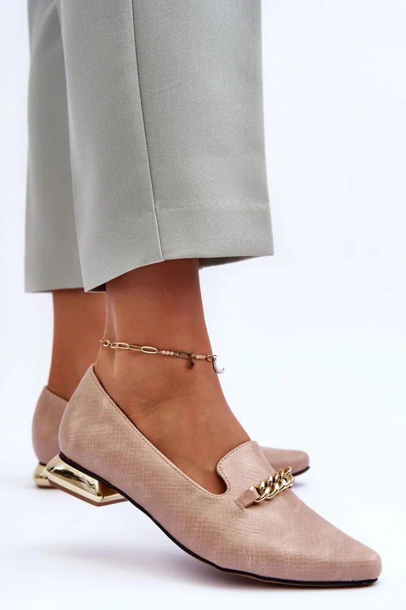 Baleriny Klasyczne>Boto Skórzane Baleriny Na Płaskim Obcasie Z Łańcuchem Beżowe Lanez