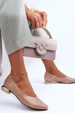 New Skórzane Baleriny Na Płaskim Obcasie Beżowe Vaani Damskie Baleriny Klasyczne