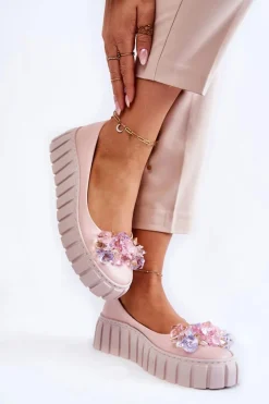 Skórzane Baleriny Na Platformie Z Kolorową Ozdobą Różowe Ladette Damskie Baleriny Skórzane|Baleriny Klasyczne