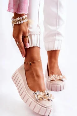 Clearance Boto Skórzane Baleriny Na Platformie Z Ozdobą Beżowe Ladette