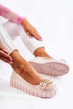 Clearance Boto Skórzane Baleriny Na Platformie Z Ozdobą Beżowe Ladette