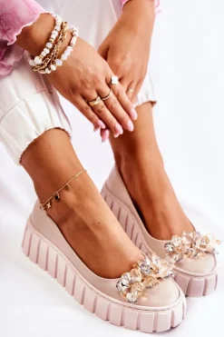 Clearance Boto Skórzane Baleriny Na Platformie Z Ozdobą Beżowe Ladette