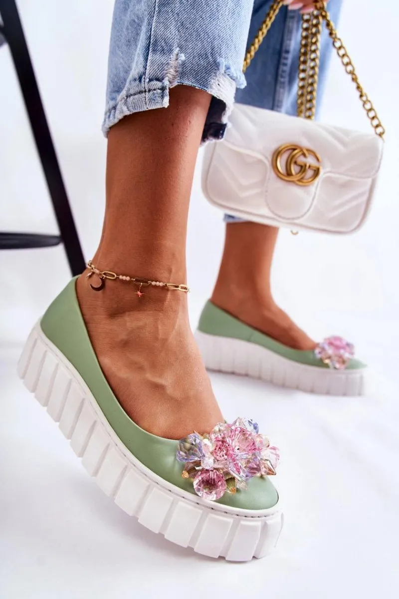 Clearance Boto Skórzane Baleriny Na Platformie Z Kolorową Ozdobą Zielone Ladette