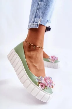 Clearance Boto Skórzane Baleriny Na Platformie Z Kolorową Ozdobą Zielone Ladette