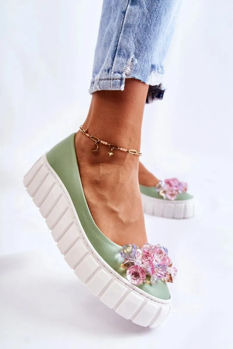 Clearance Boto Skórzane Baleriny Na Platformie Z Kolorową Ozdobą Zielone Ladette