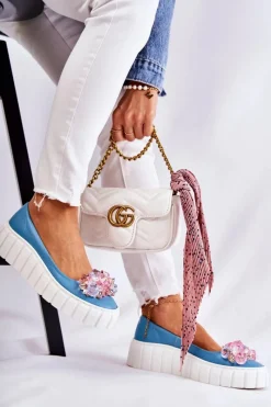 Best Skórzane Baleriny Na Platformie Z Ozdobą Niebiesko-Białe Ladette Damskie Baleriny Skórzane|Baleriny Klasyczne