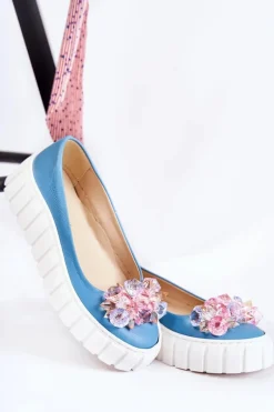 Best Skórzane Baleriny Na Platformie Z Ozdobą Niebiesko-Białe Ladette Damskie Baleriny Skórzane|Baleriny Klasyczne