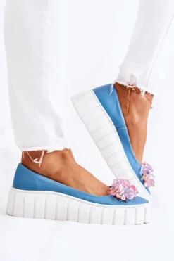 Best Skórzane Baleriny Na Platformie Z Ozdobą Niebiesko-Białe Ladette Damskie Baleriny Skórzane|Baleriny Klasyczne